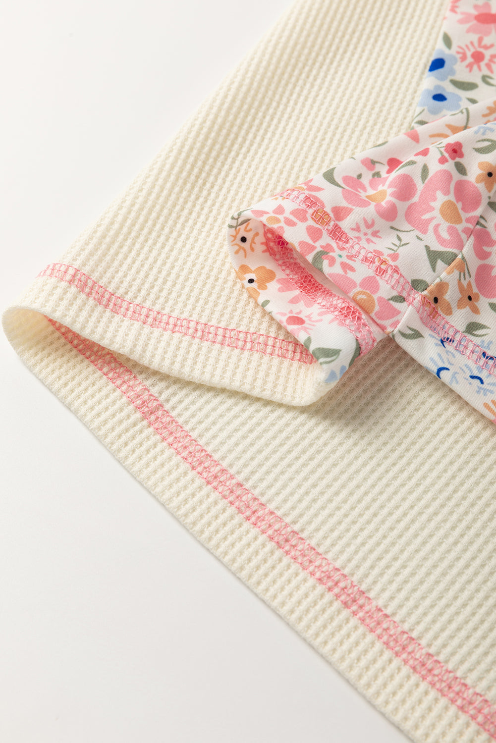 Beige Floral Patchwork Pocket Drop Sleeve Waffle T Shirt