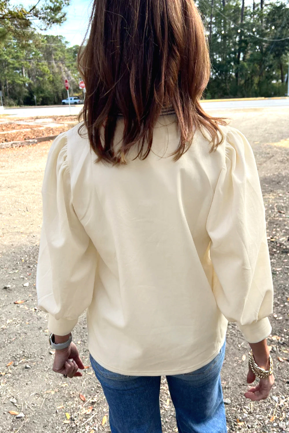 White Striped Ruffle Button Neck Pullover Sweatshirt