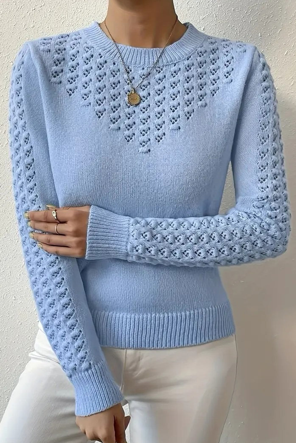 Sky Blue Hollow Out Round Neck Long Sleeve Sweater