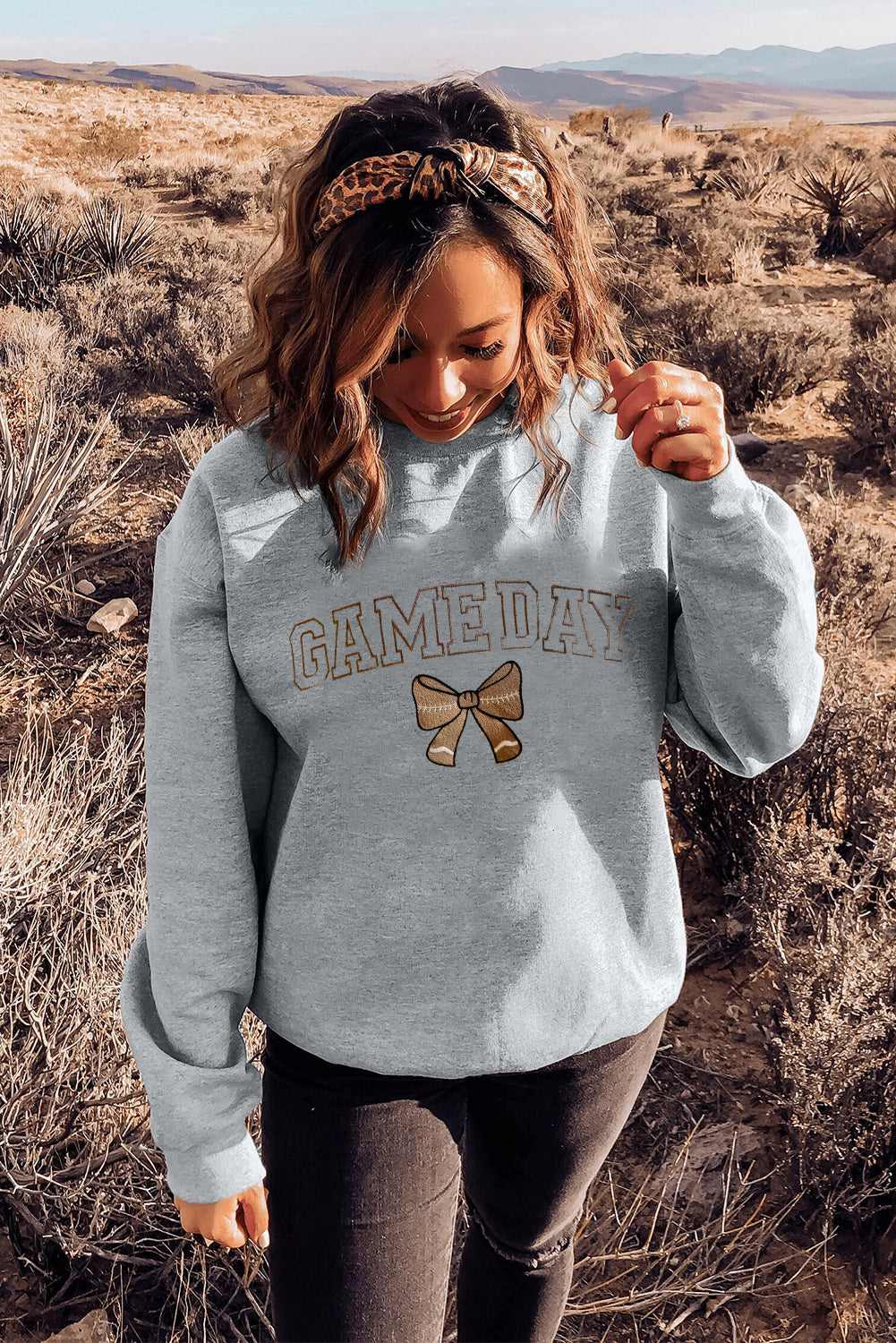 Gray GAME DAY Football Bow Embroidered Casual Sweatshirt