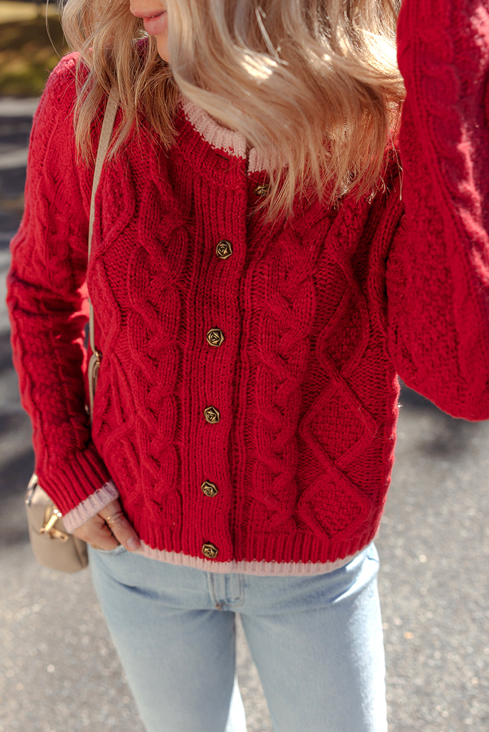 Racing Red Contrast Edge Twist Cable Knit Buttoned Cardigan