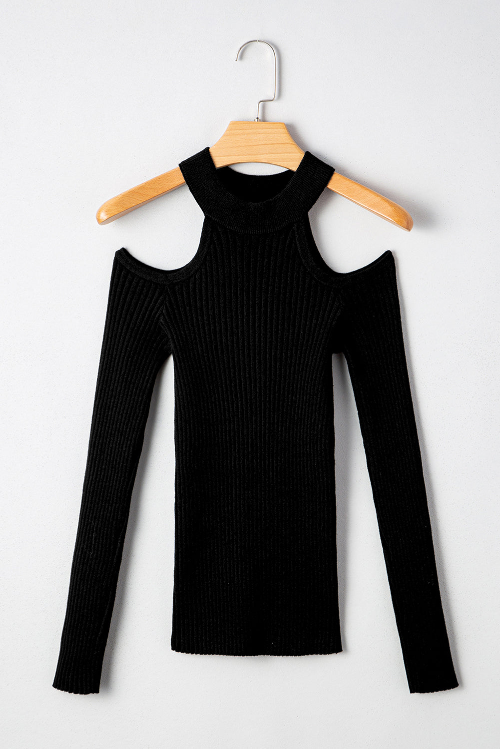 Black Ribbed Knit Cold Shoulder Choker Neck Sweater
