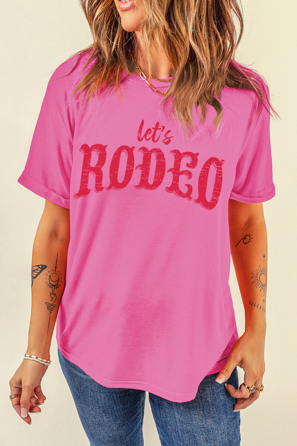 Rose Red Lets Rodeo Crew Neck Graphic Tee