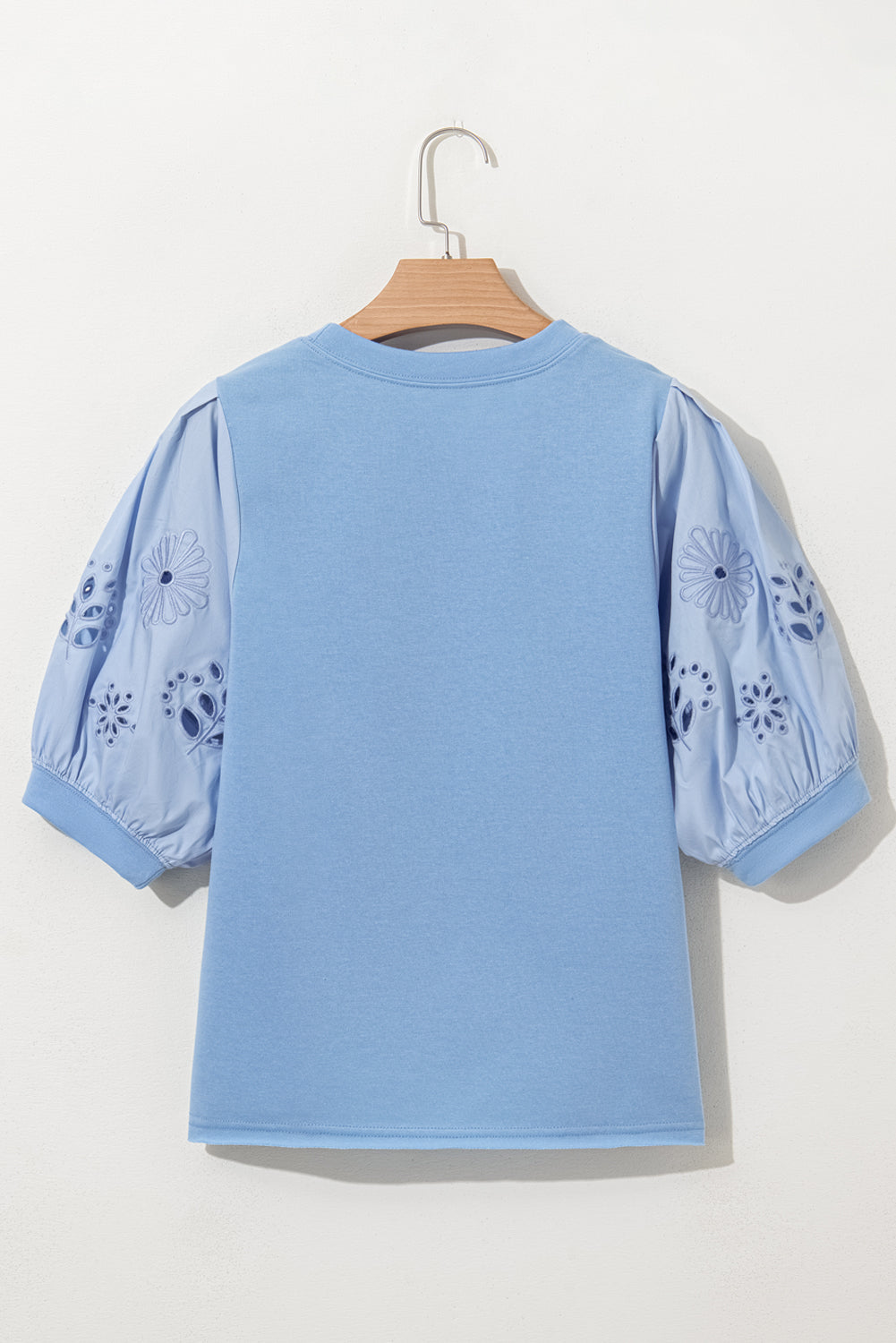 Beau Blue Eyelet Flower Embroidered Crew Neck Blouse