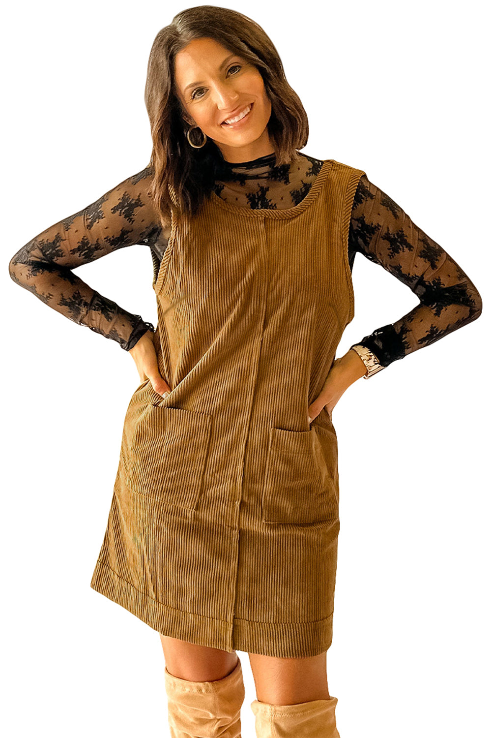 Beige Corduroy Exposed Seam Sleeveless Mini Dress