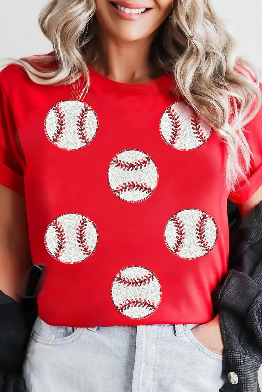 Red Sequin Baseball Pattern Crew Neck Game Day T Shirt