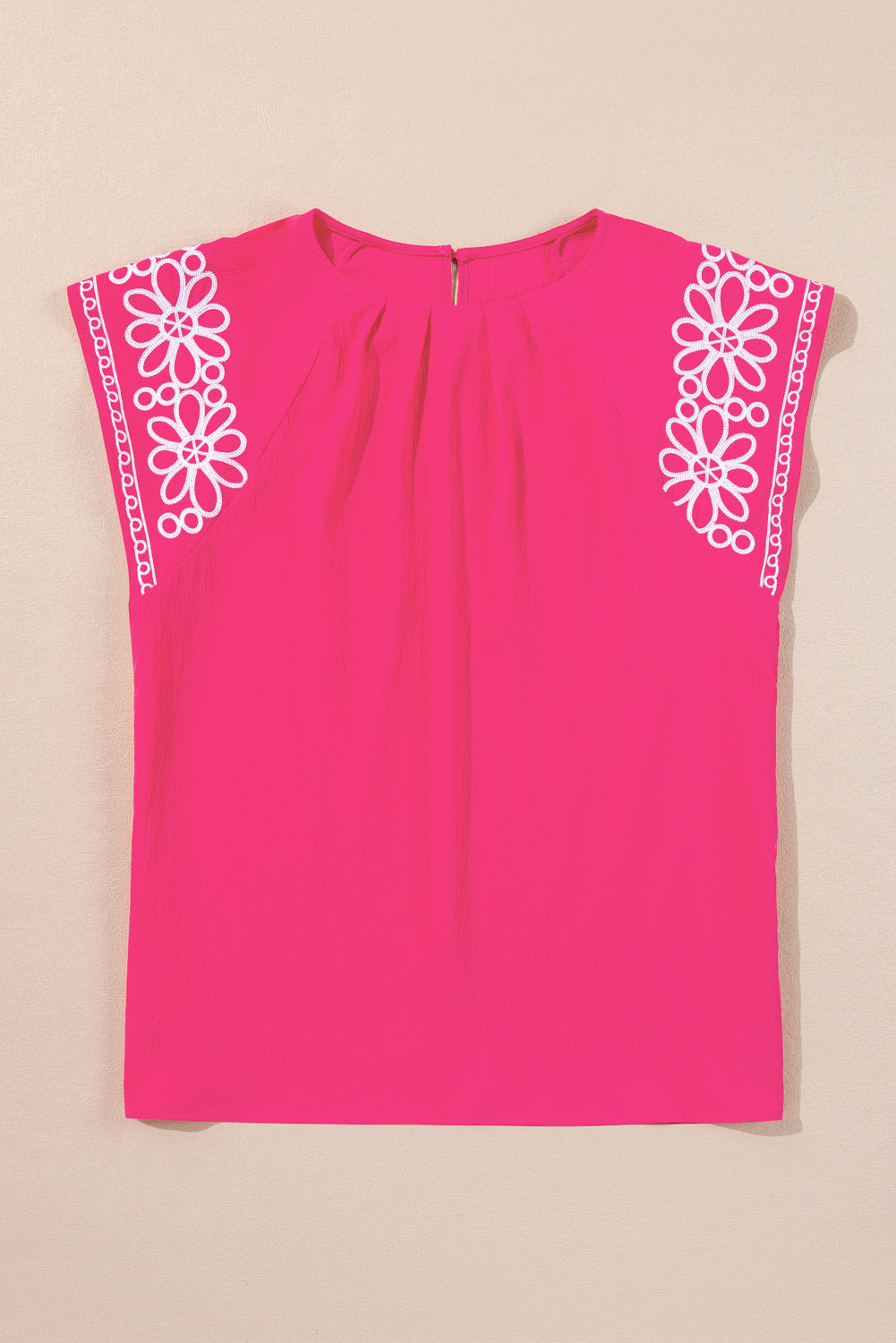 Strawberry Pink Floral Embroidered Flutter Sleeve Pleated Plus Size Blouse