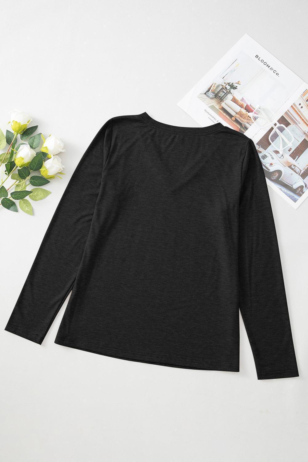 Black Plain V Neck Long Sleeve Top