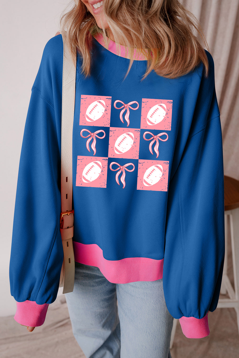 Blue Football and Bow Graphic Contrast Trim Drop Shoulder Sweatshirt