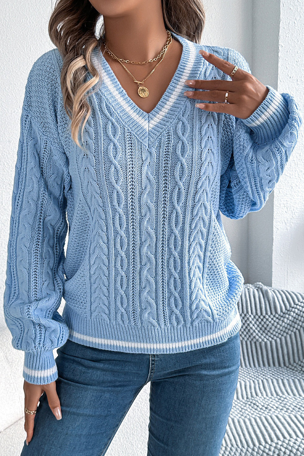 Beau Blue Cable Knit V Neck Contrast Trim Sweater