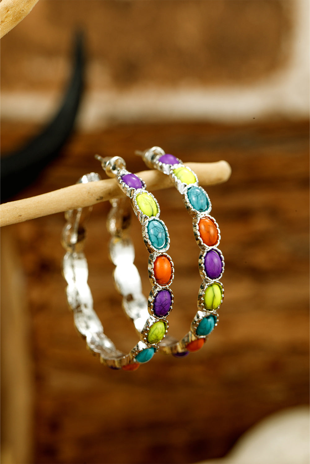 Silvery Boho Turquoise Beaded Hoop Earrings