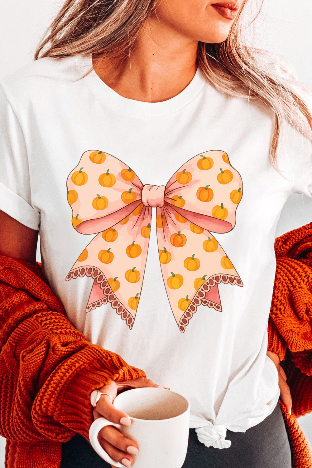White Pumpkin Bow Print Thanksgiving T Shirt