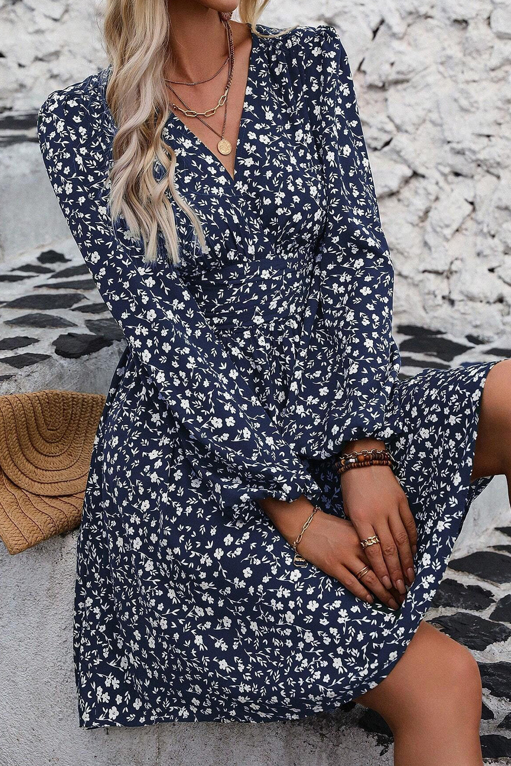 Dirty Blue Floral Print V Neck Long Sleeve Mini Dress