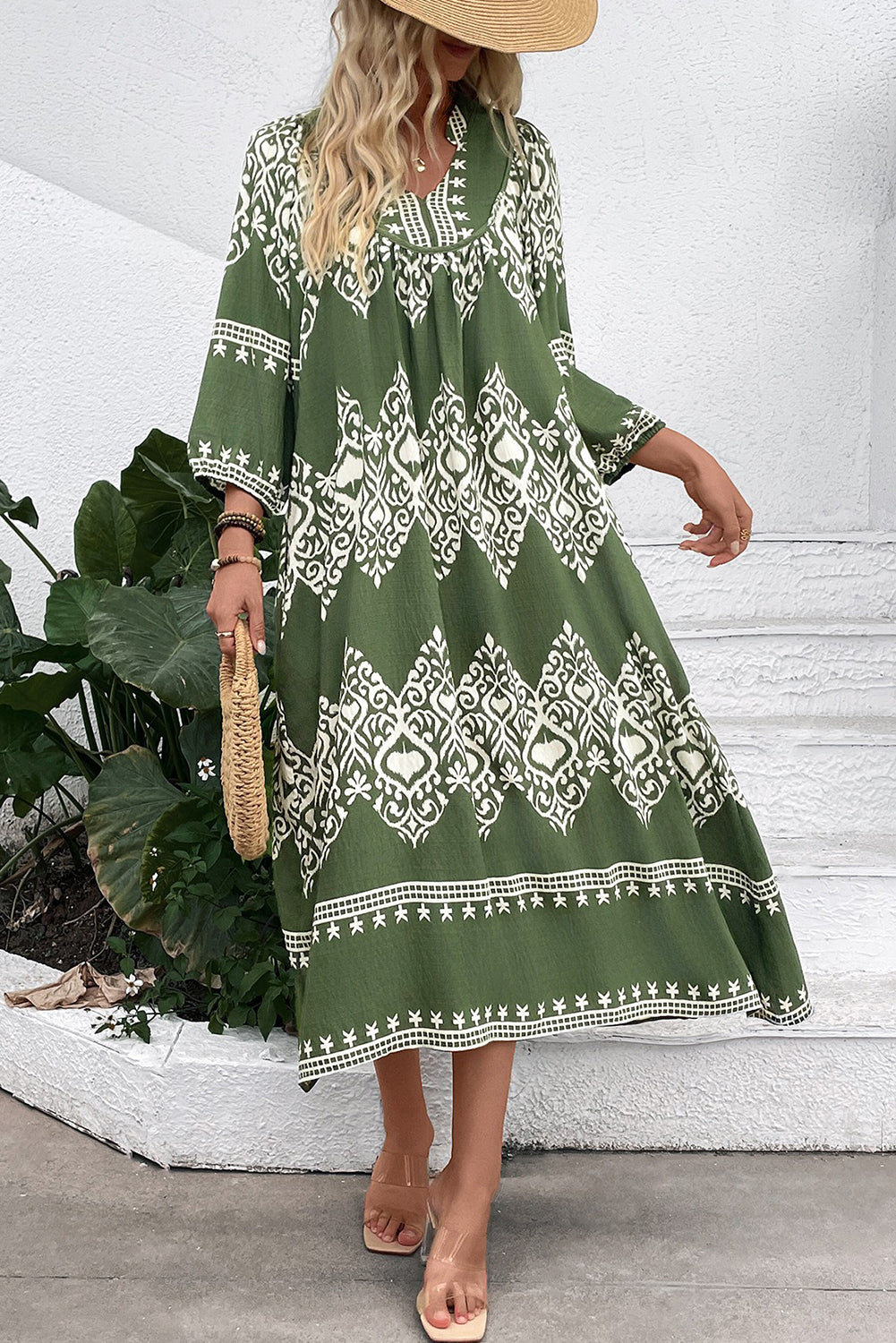Green Abstract Geometric Print Long Sleeve Vacation Dress
