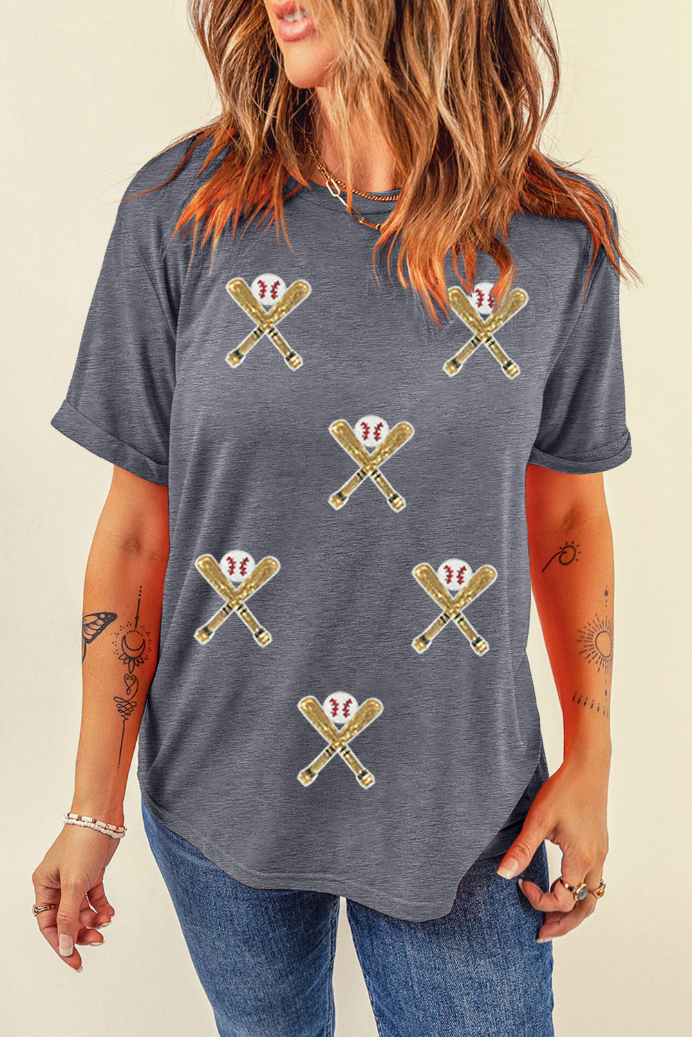 Gray Sequin Baseball Bat Graphic Game Day Casual Tee