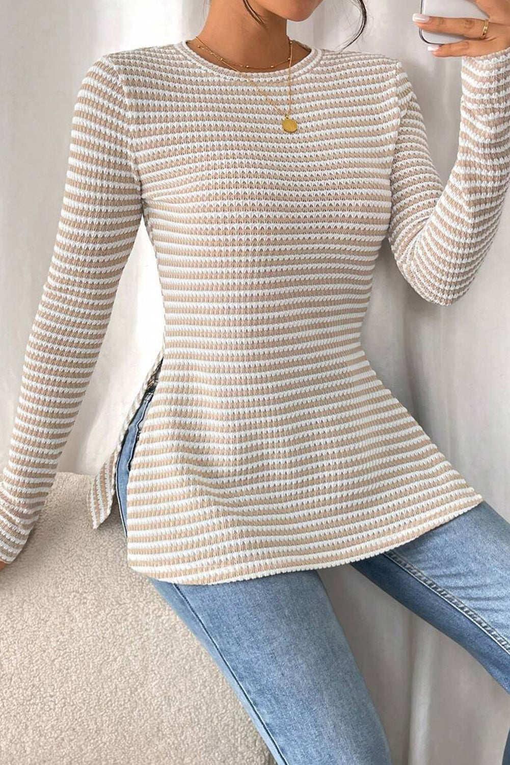 Jet Stream Striped Side Slit Round Neck Long Sleeve Top