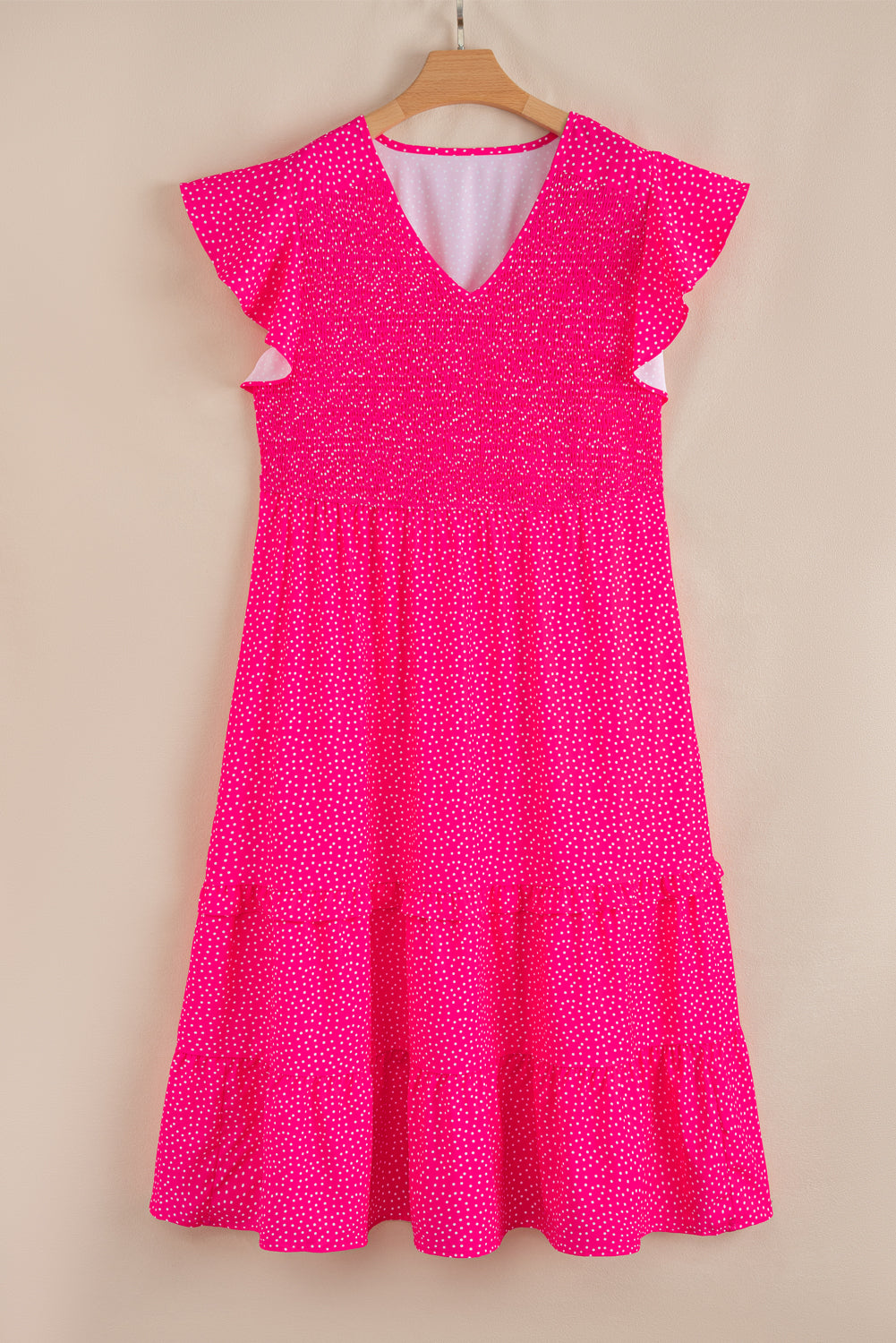 Rose Polka Dot Print Ruffle Smocked High Waist Plus Midi Dress