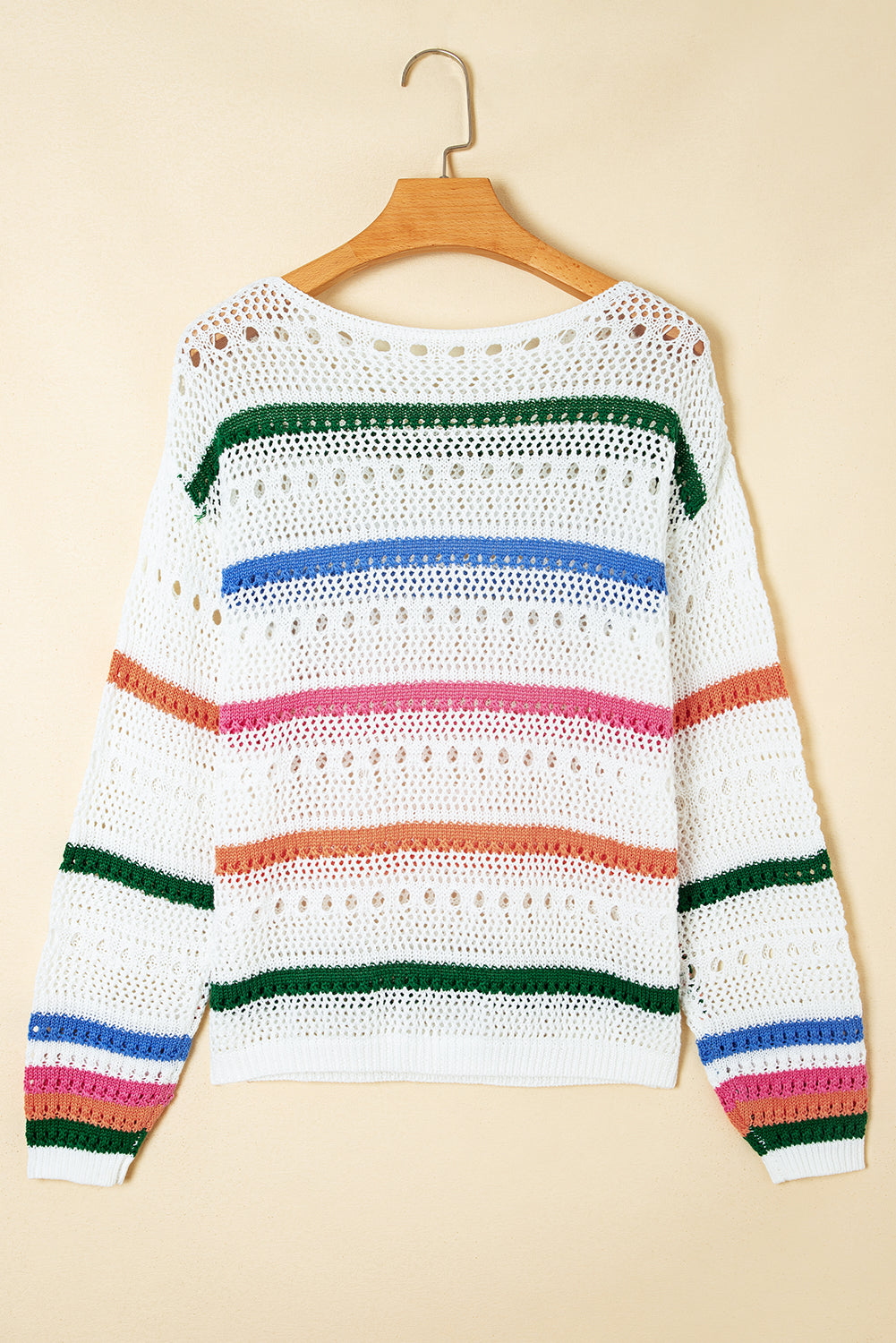 White Colorblock Striped Pointelle Knit Sweater