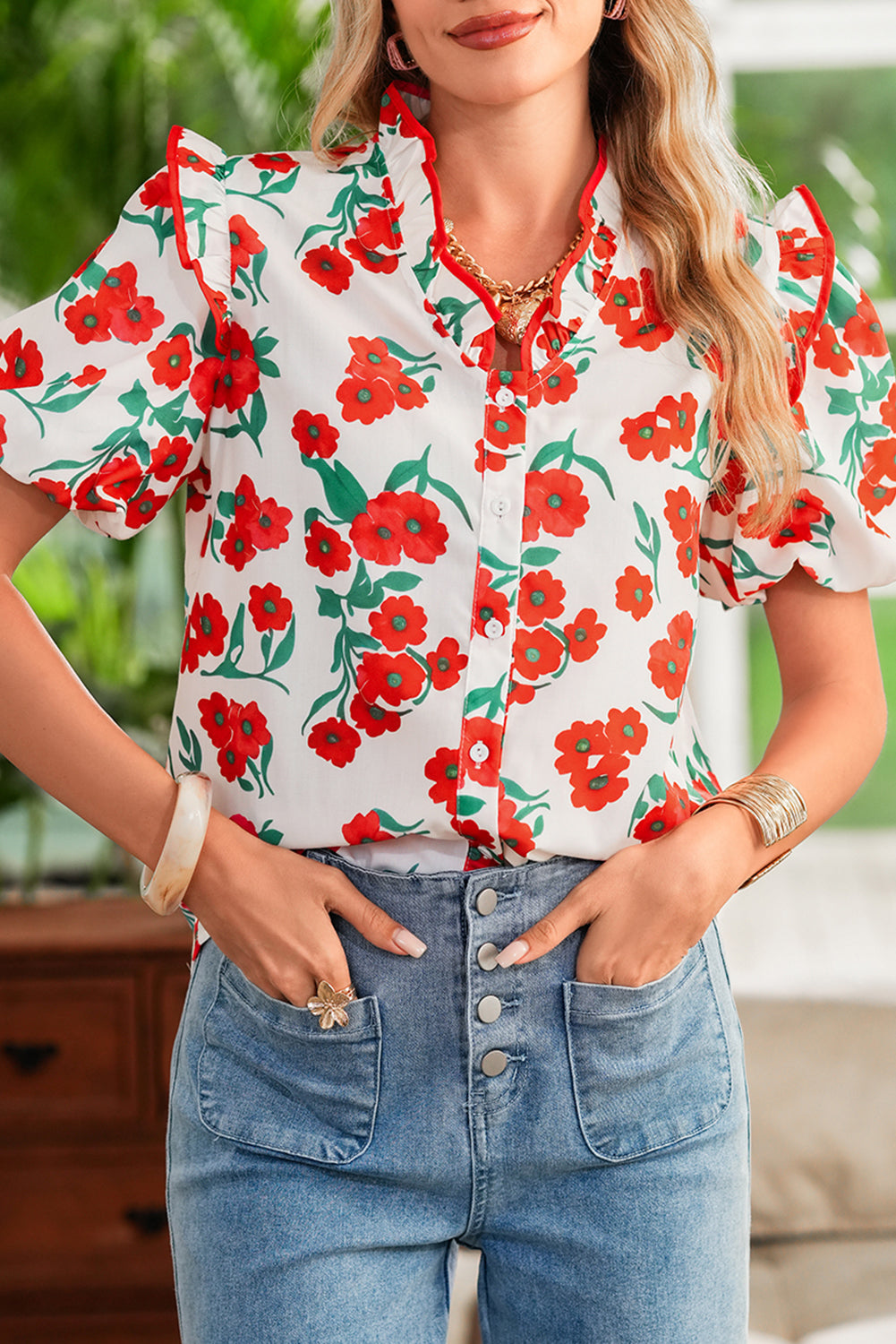 Red Floral Print Ruffle Puff Sleeve Summer Shirt