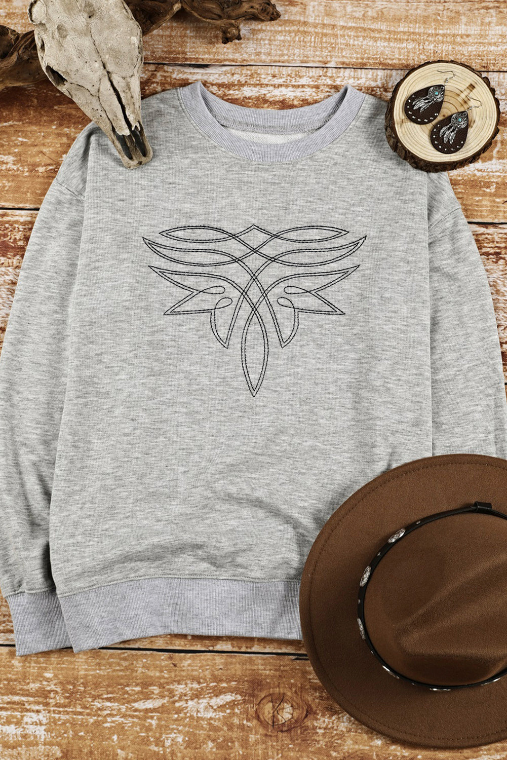 Gray Boot Stitch Pattern Drop Shoulder Pullover Sweatshirt