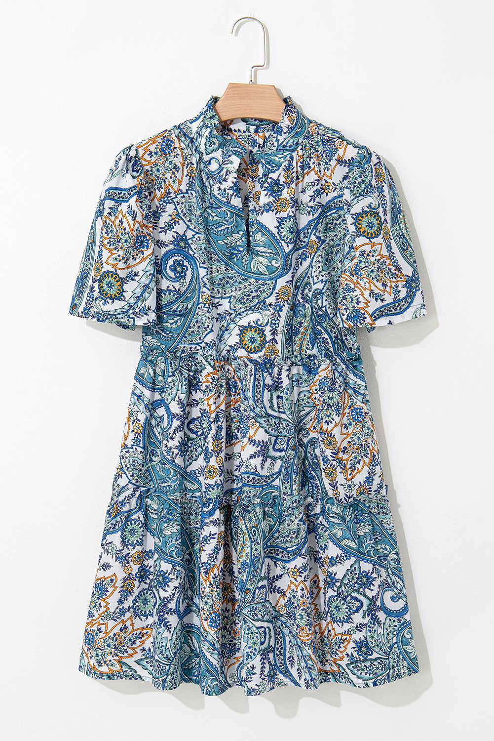 Blue Bohemian Paisley Floral V Neck Puff Sleeve Mini Dress