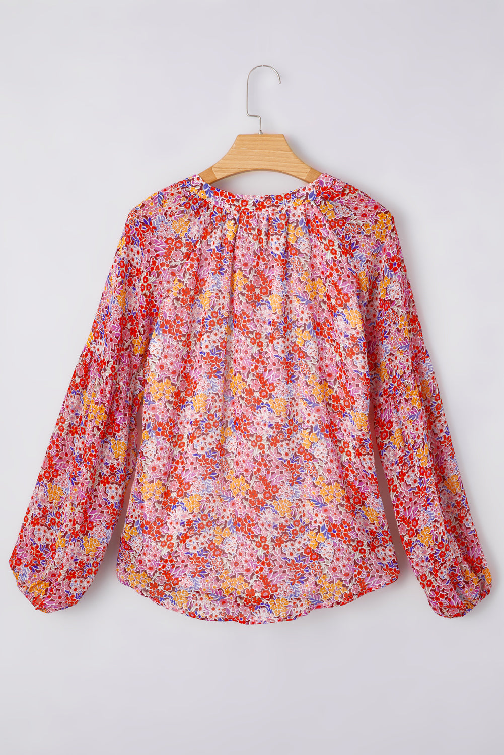 Red Boho Floral Print V Neck Long Sleeve Blouse