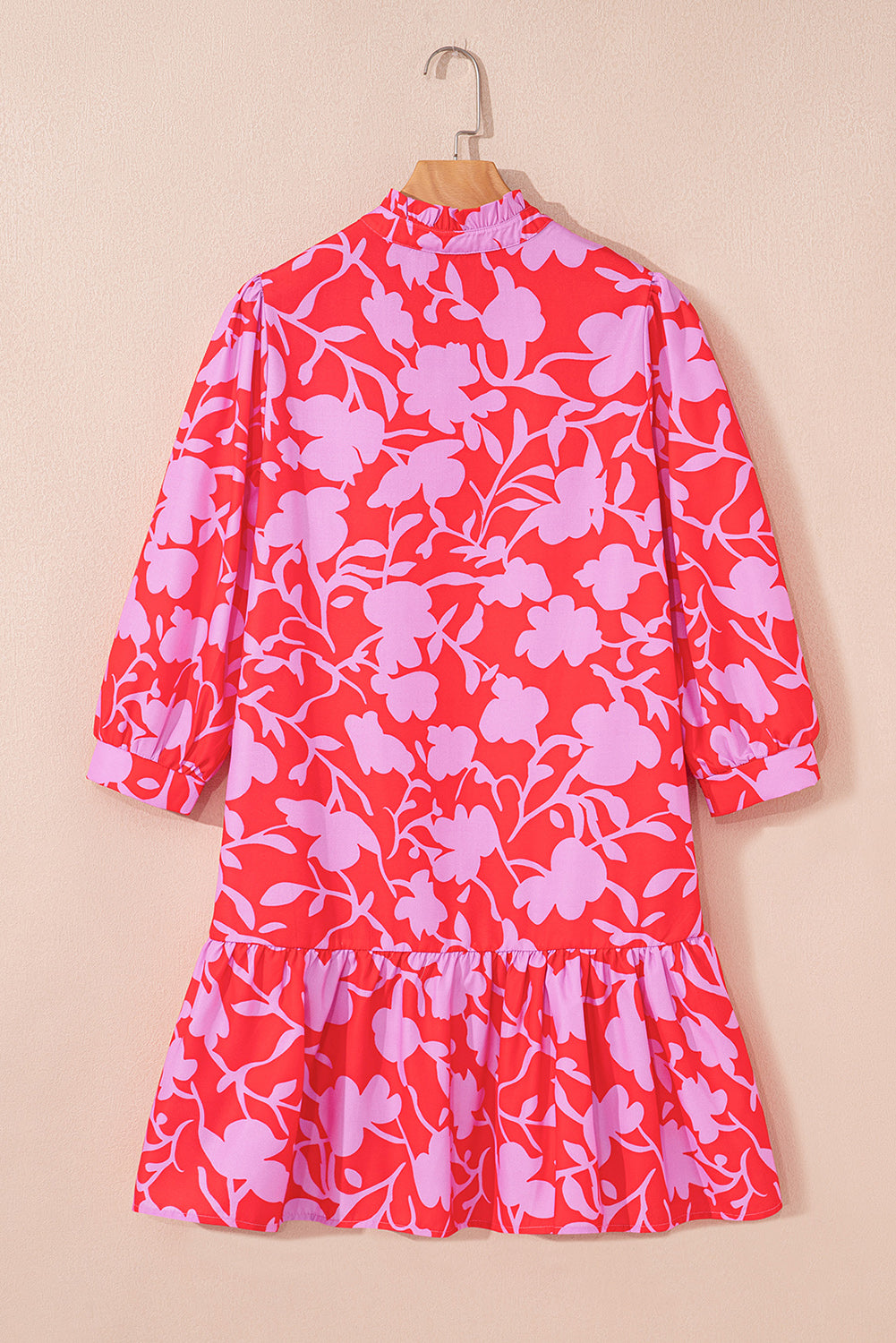 Red Floral 3/4 Sleeve Ruffle Hem Mini Dress