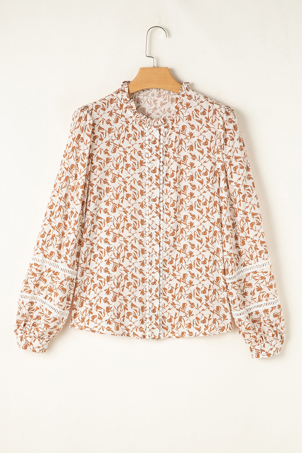 Khaki Printed Floral Print Lace Detail Puff Sleeve Shirt