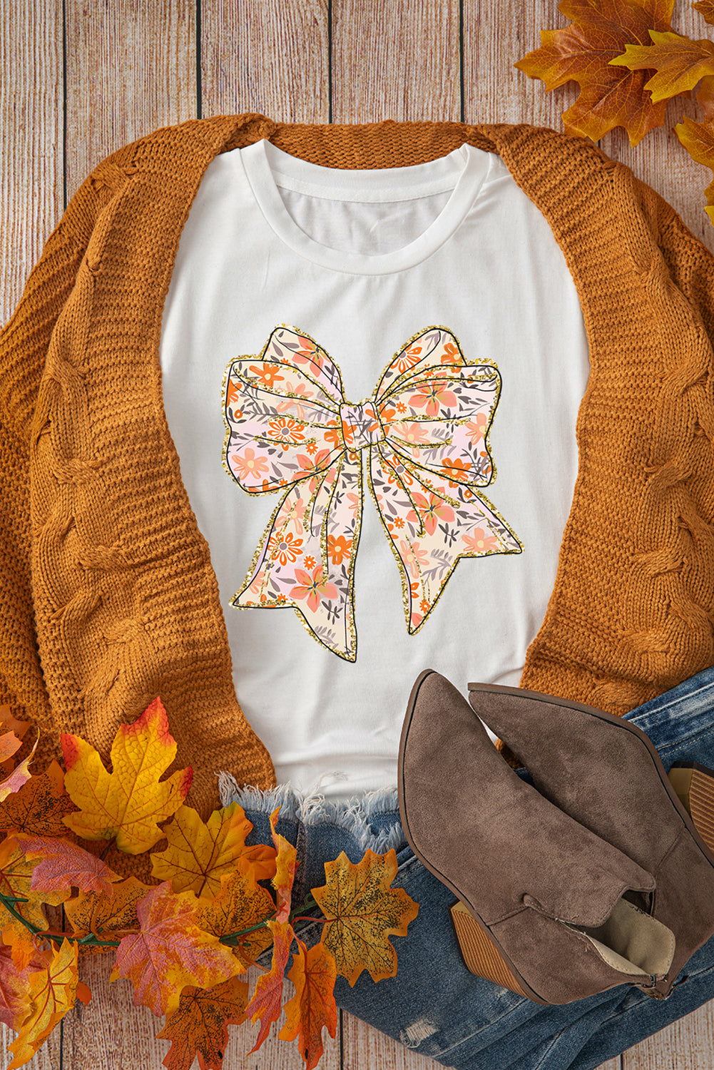 White Glitter Trim Floral Bow Print Cotton Blend T Shirt