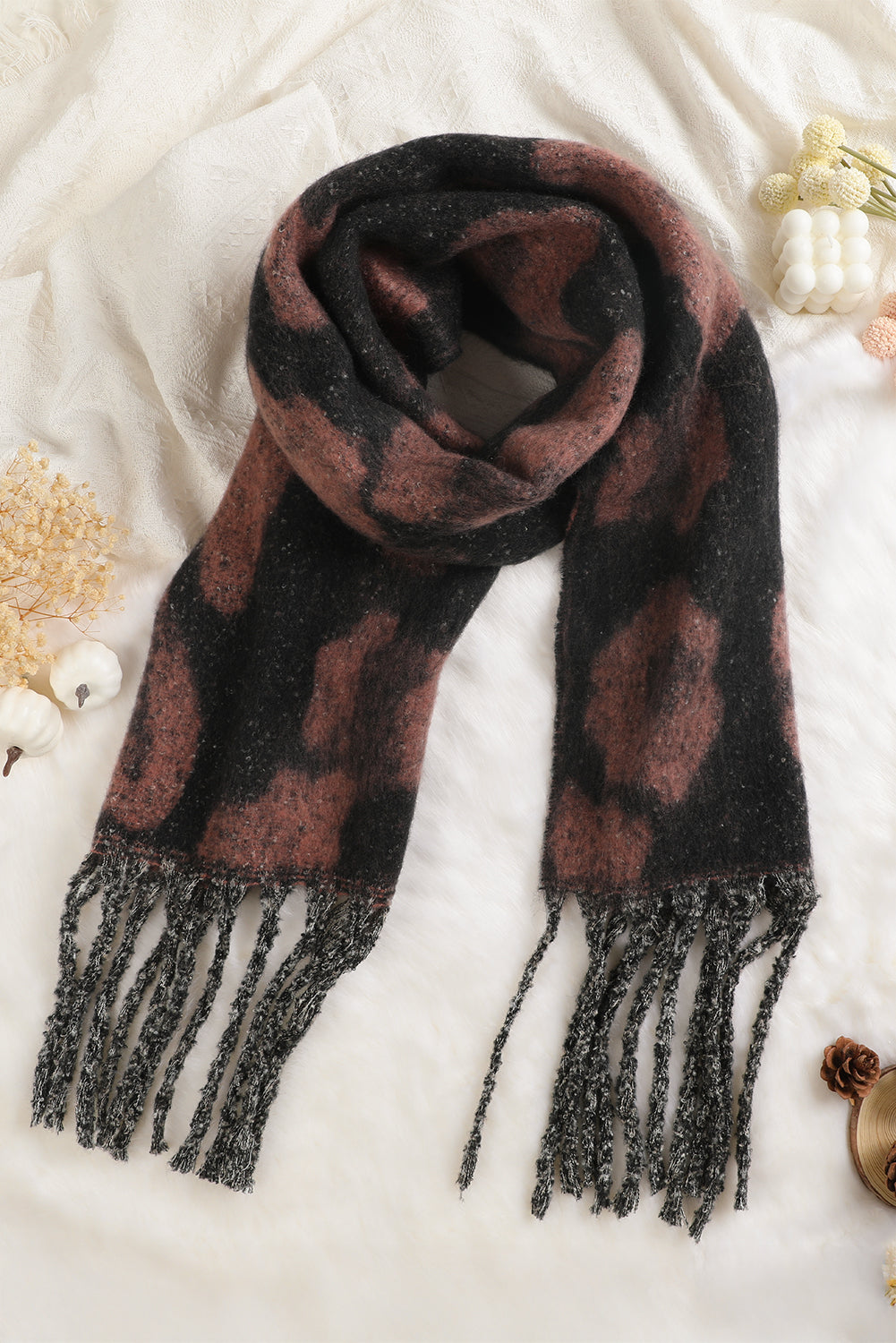 Desert Rose Leopard Print Fringe Scarf