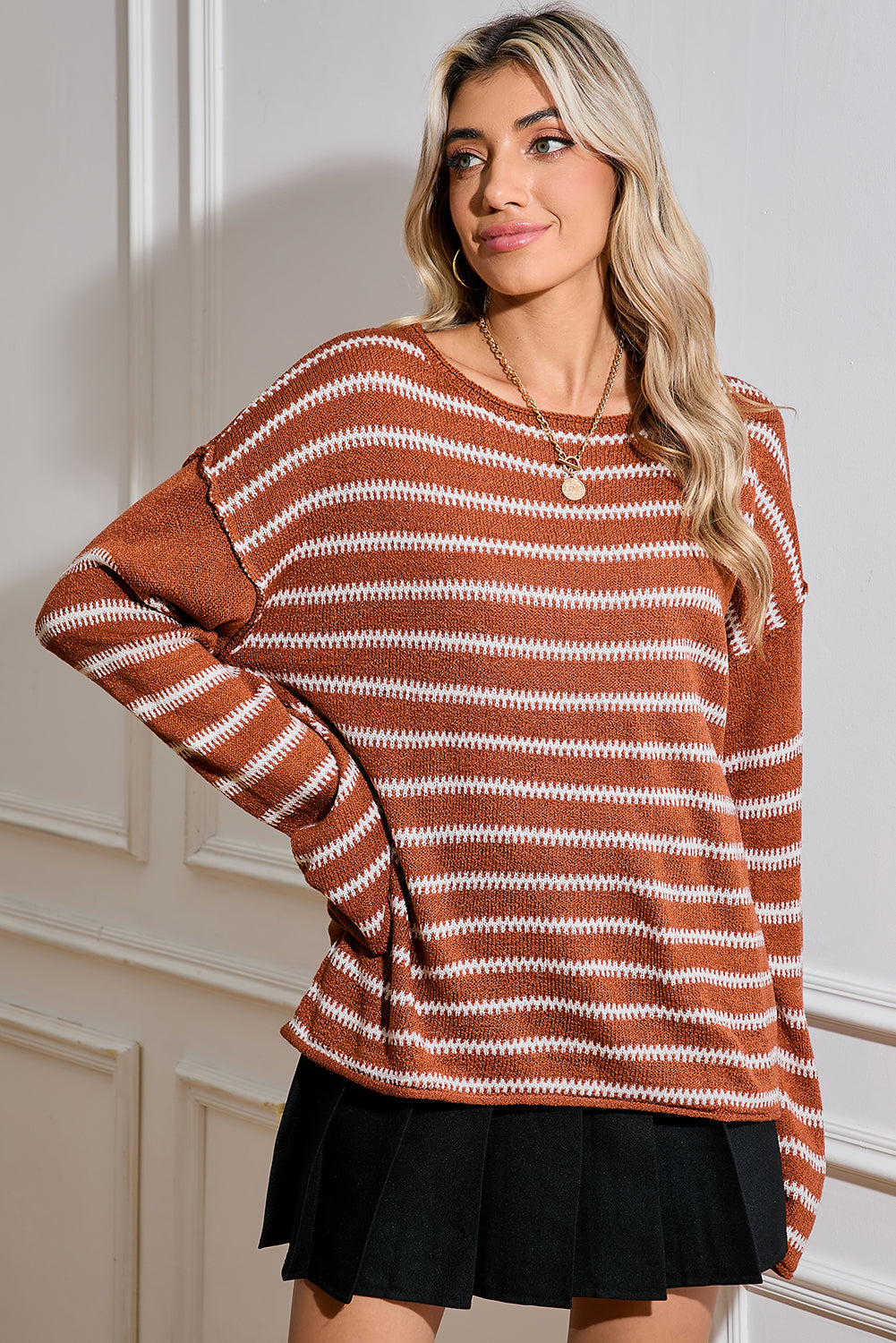 Brown Stripe Casual Round Neck Drop Shoulder Sweater