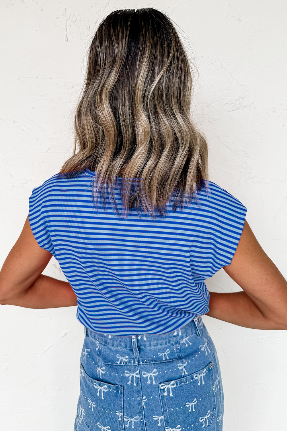 Sky Blue Stripe Ribbed Cap Sleeve Round Neck T Shirt