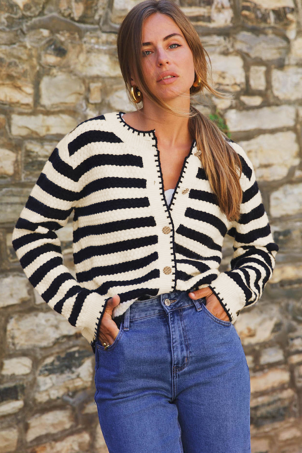 Black Striped Chic Button Round Neck Knit Cardigan