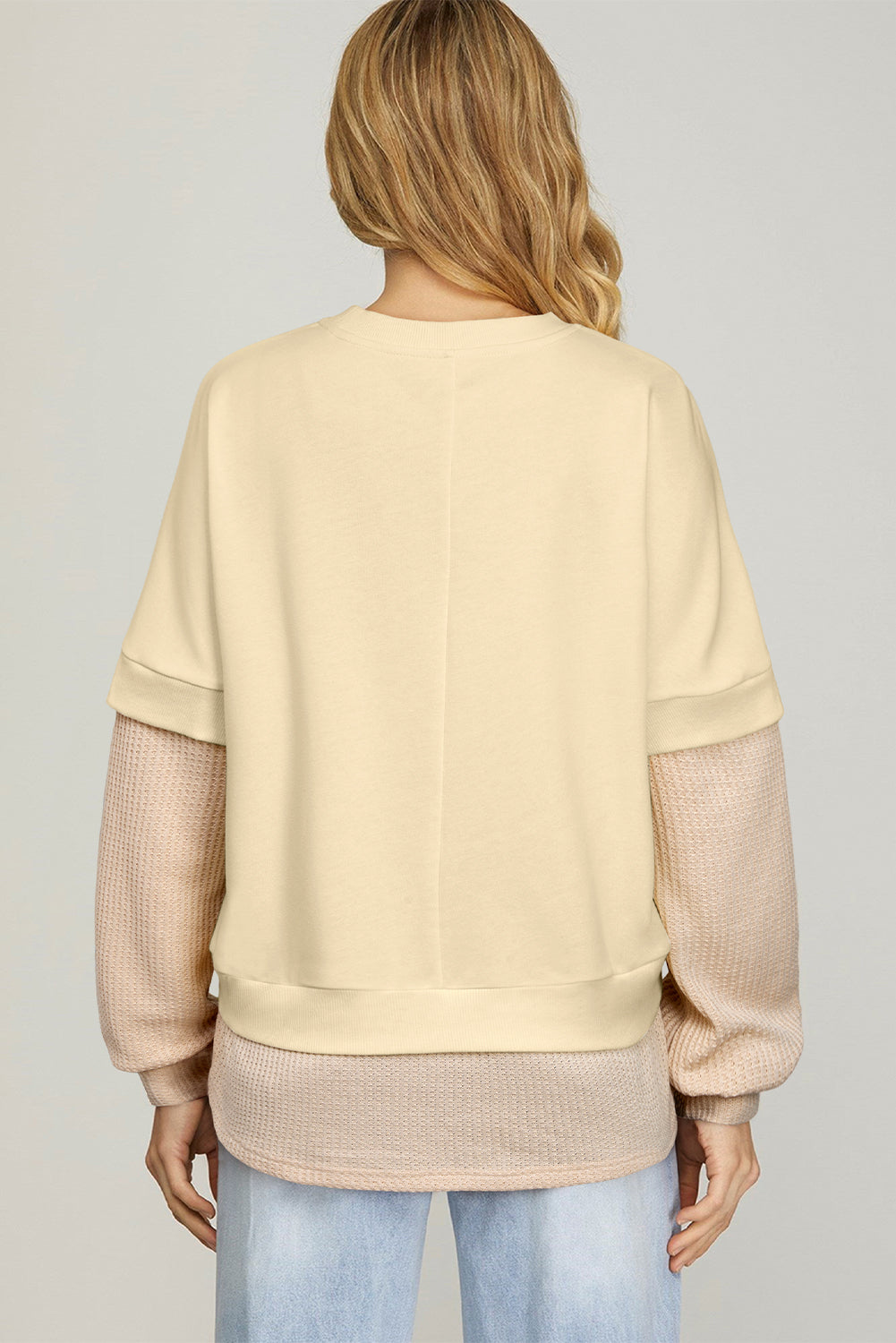 Apricot Fake Two-Piece Waffle Patchwork Sweatshirt