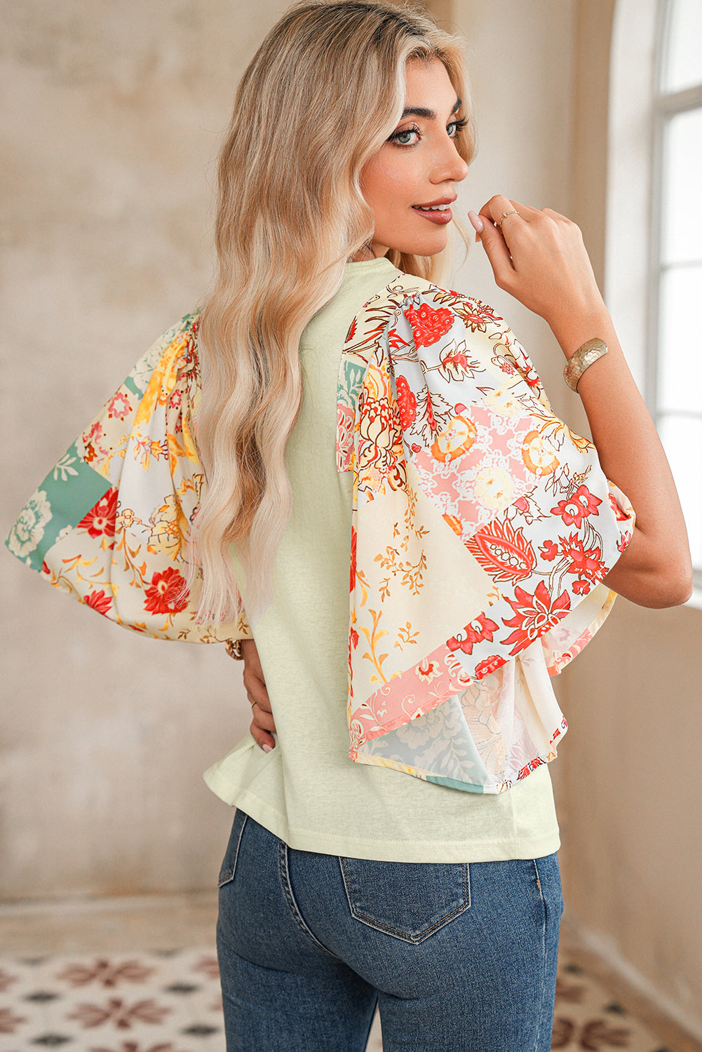 Beige Floral Patchwork Batwing Sleeve Blouse