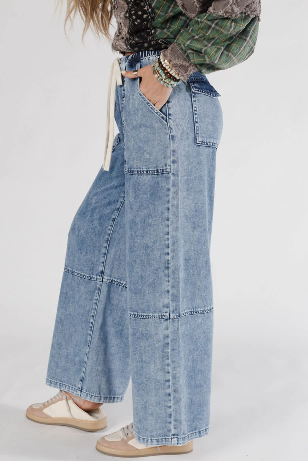 Ashleigh Blue Acid Wash Exposed Seam Drawstring High Waist Jeans