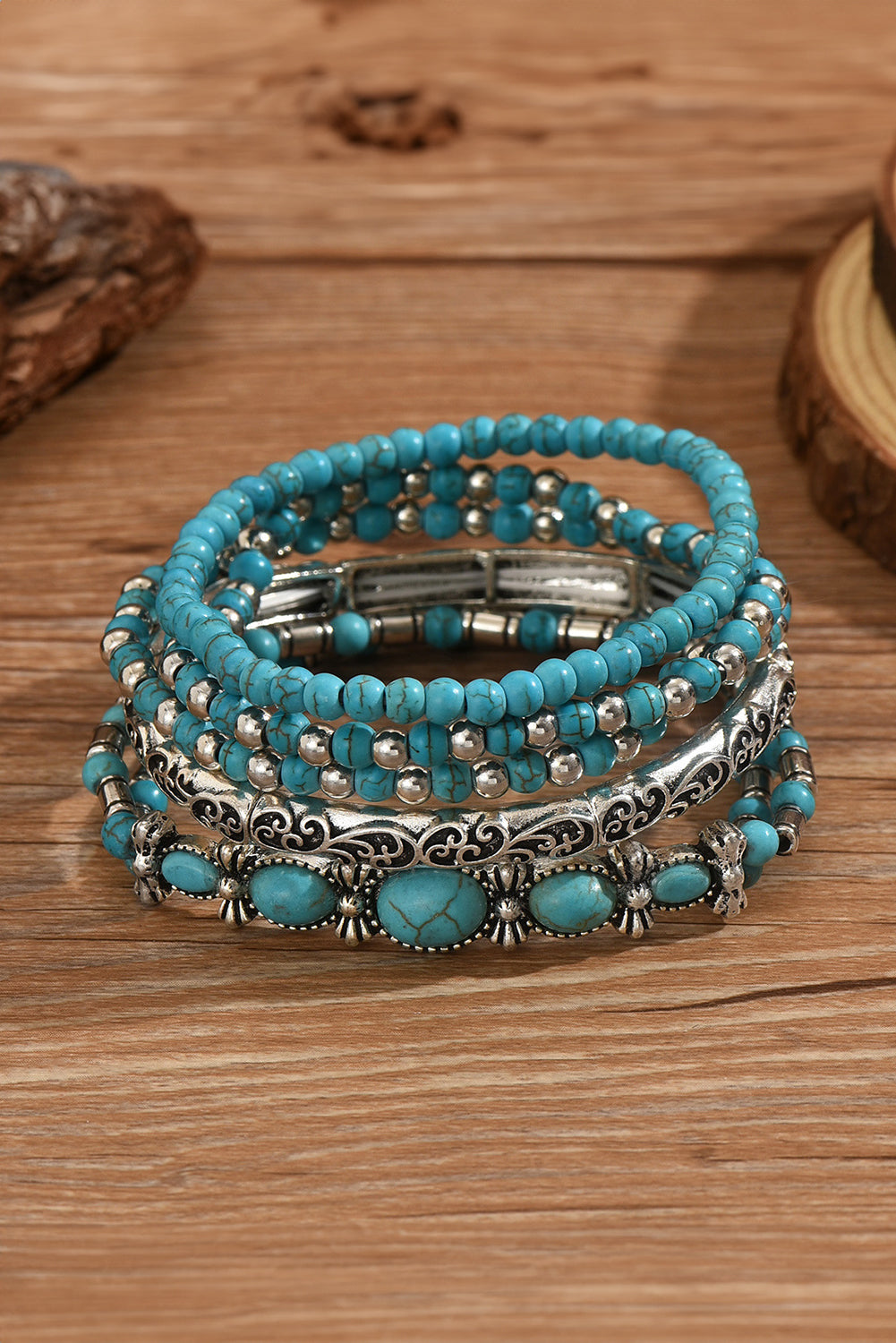 Silvery Vintage Turquoise Beaded Bracelet Set