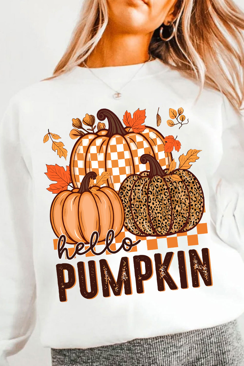 White Hello Pumpkin Thanksgiving Graphic Sweatshirt
