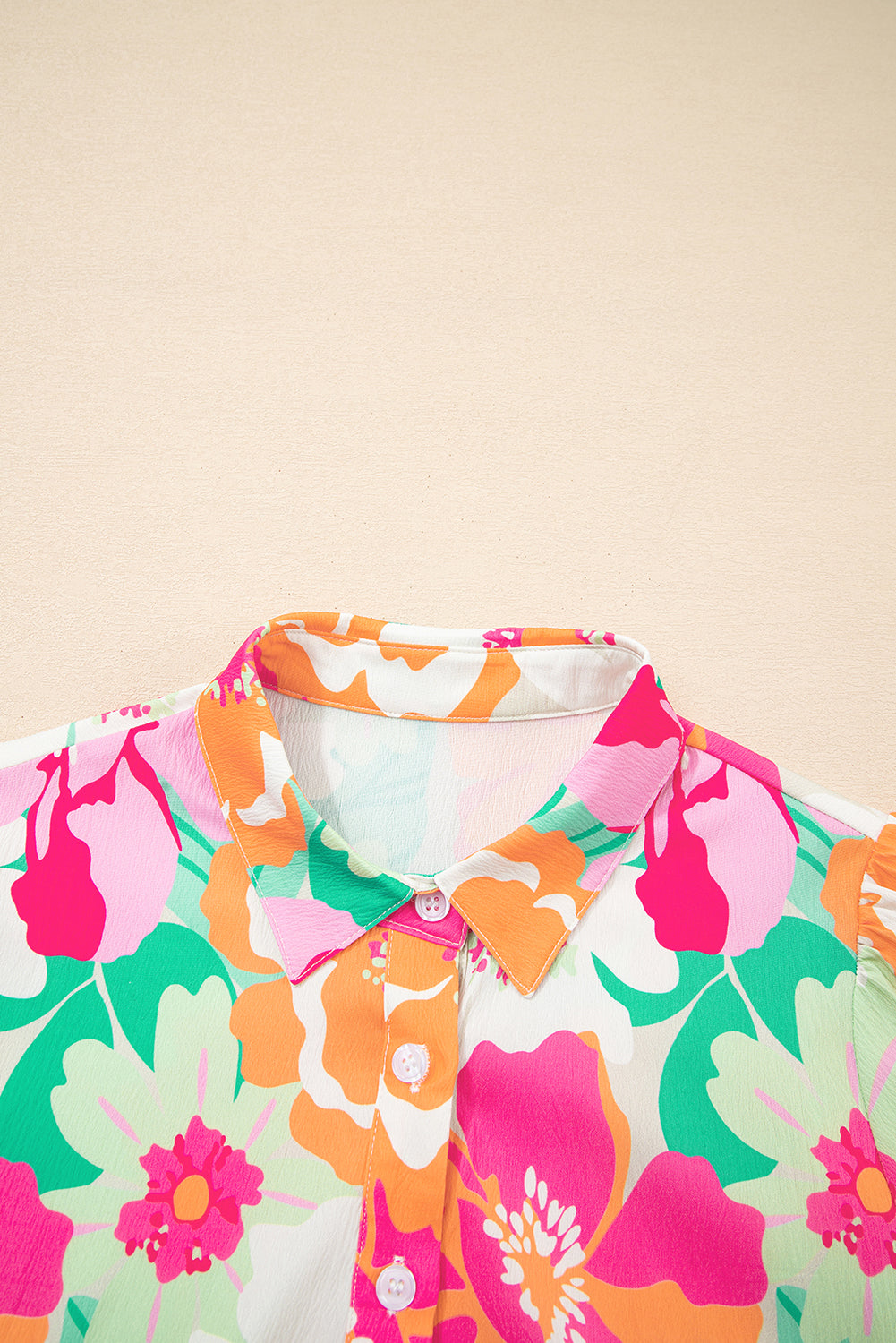 Pink Floral Puff Sleeve Collar Buttoned Babydoll Dress