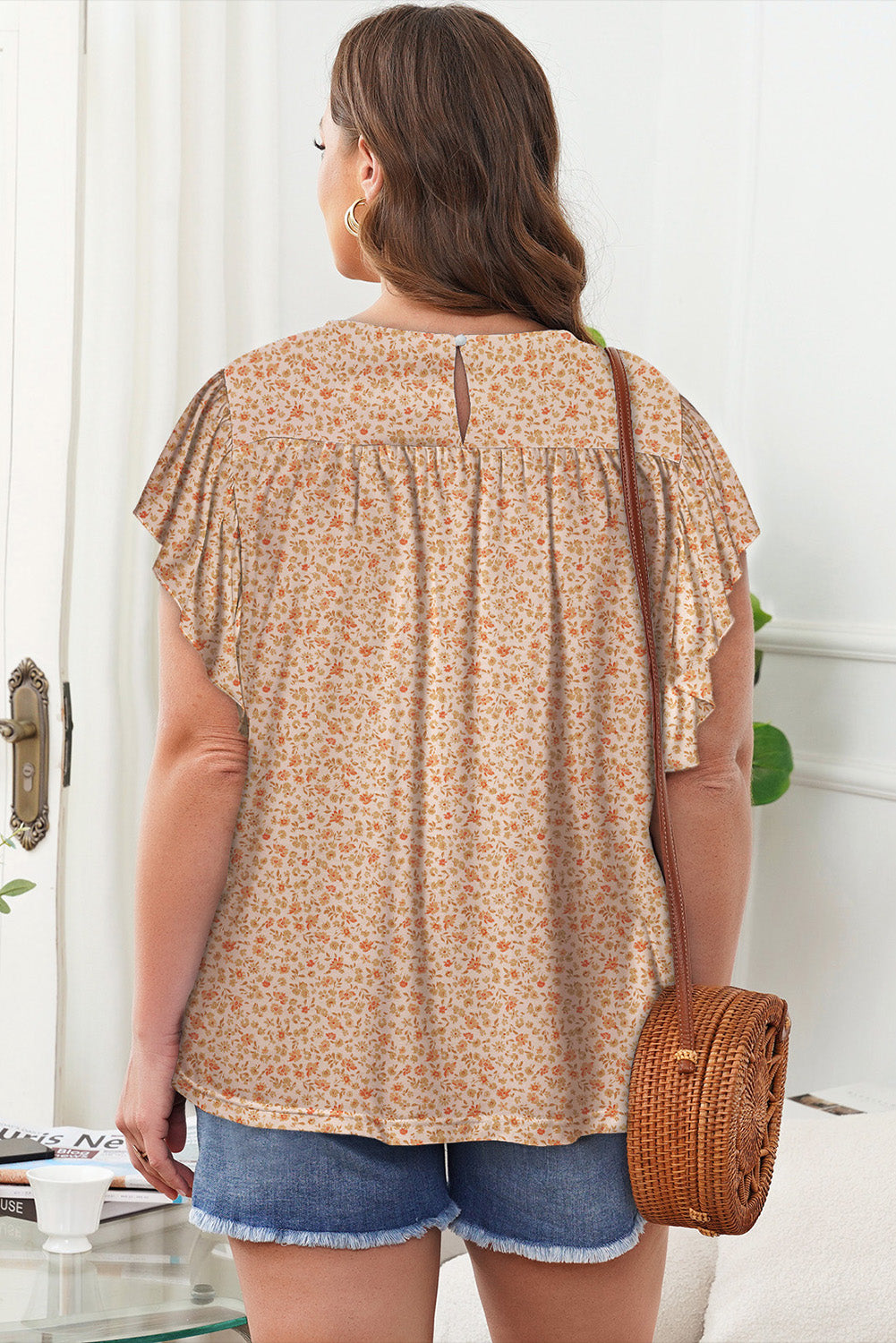 Apricot Plus Size Smocked Ditsy Floral Ruffle Blouse