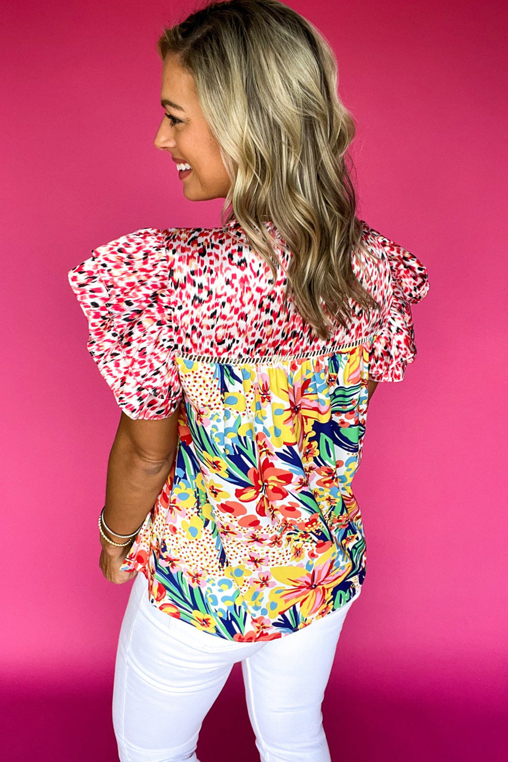 Red Floral Mixed Print Ruffle Cap Sleeve Blouse