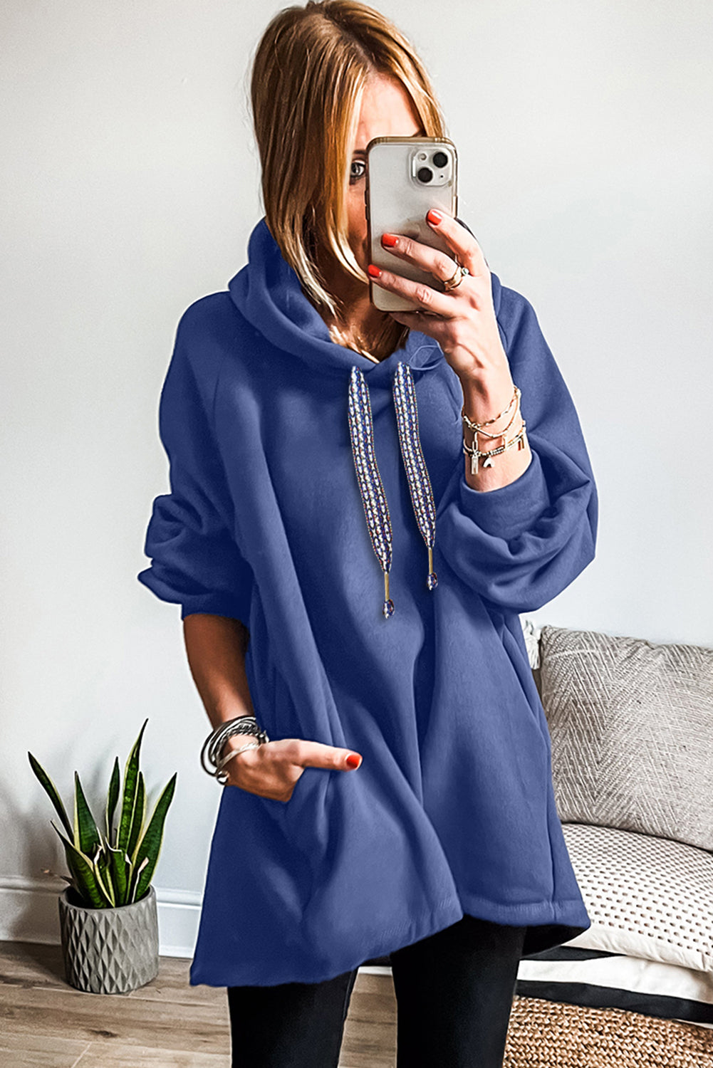Dirty Blue Drawstring Hooded Tunic Sweatshirt