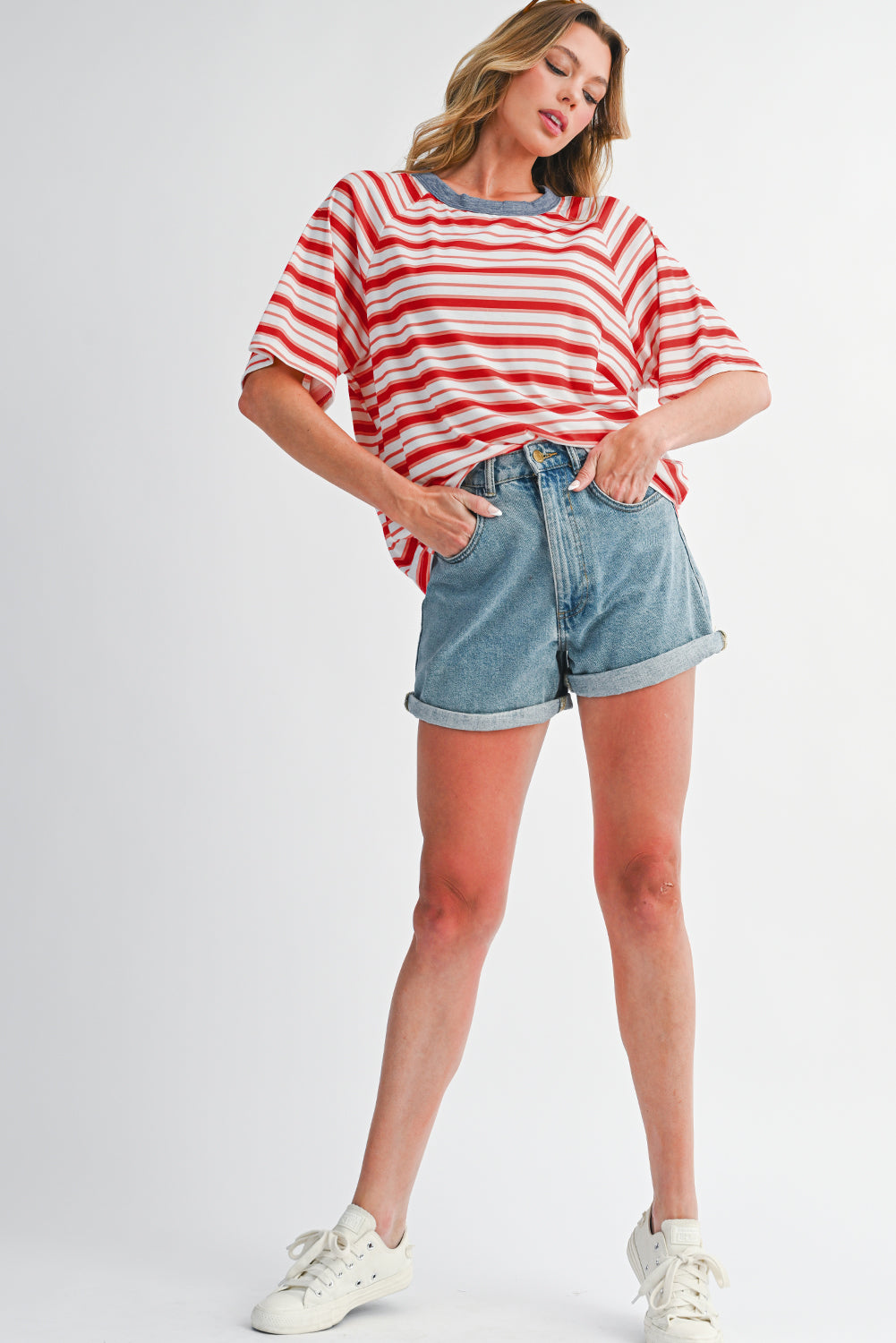 Tomato Red Striped Raglan Sleeve Contrast Neck T-Shirt