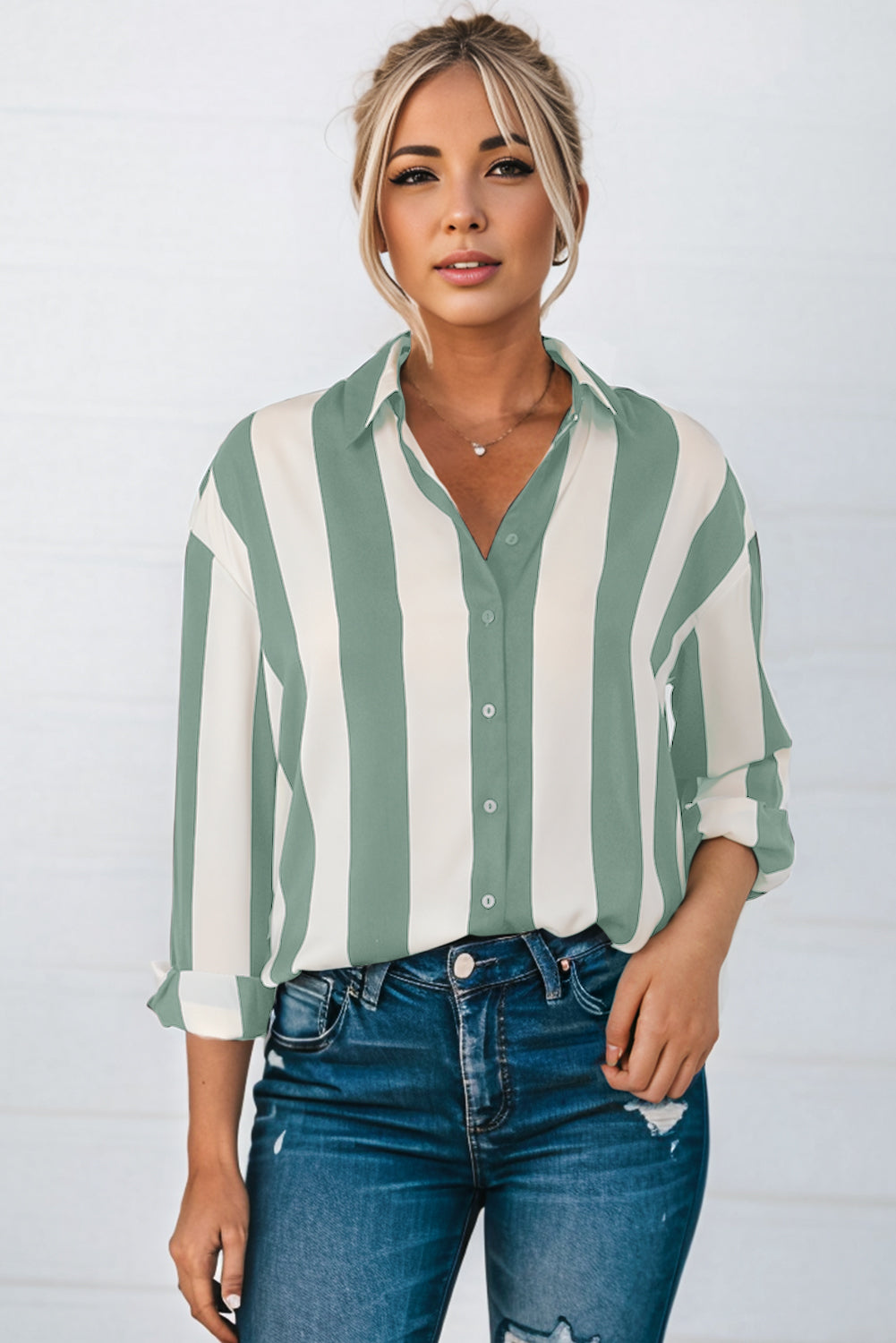 Green Striped Soft Relaxed Button Up Shirt