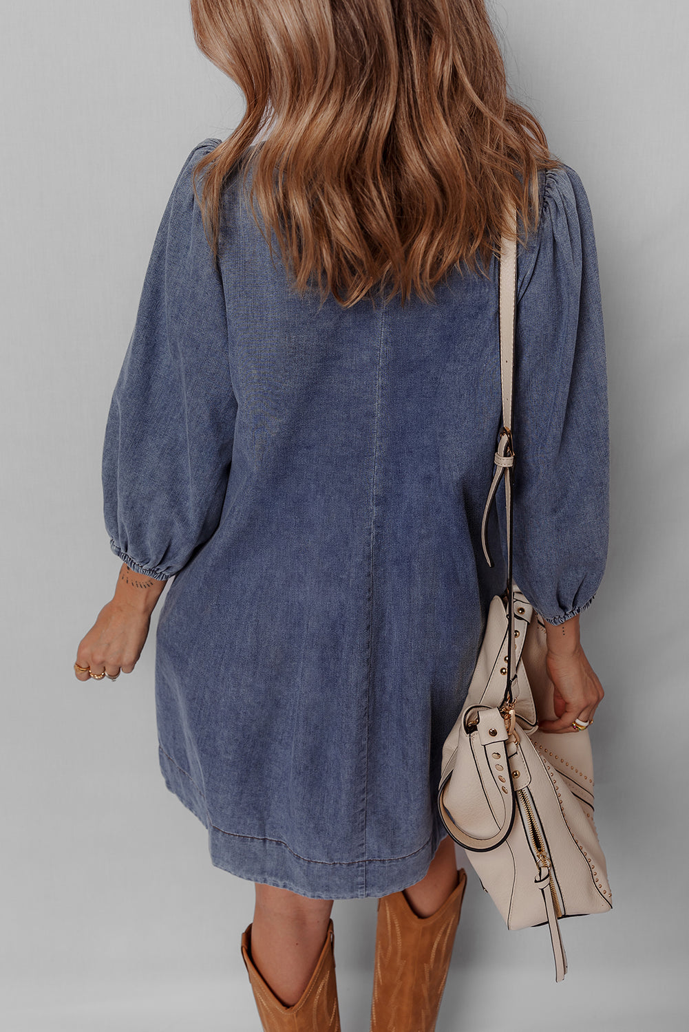 Sail Blue Pleated V Neck 3/4 Sleeve Denim Mini Dress