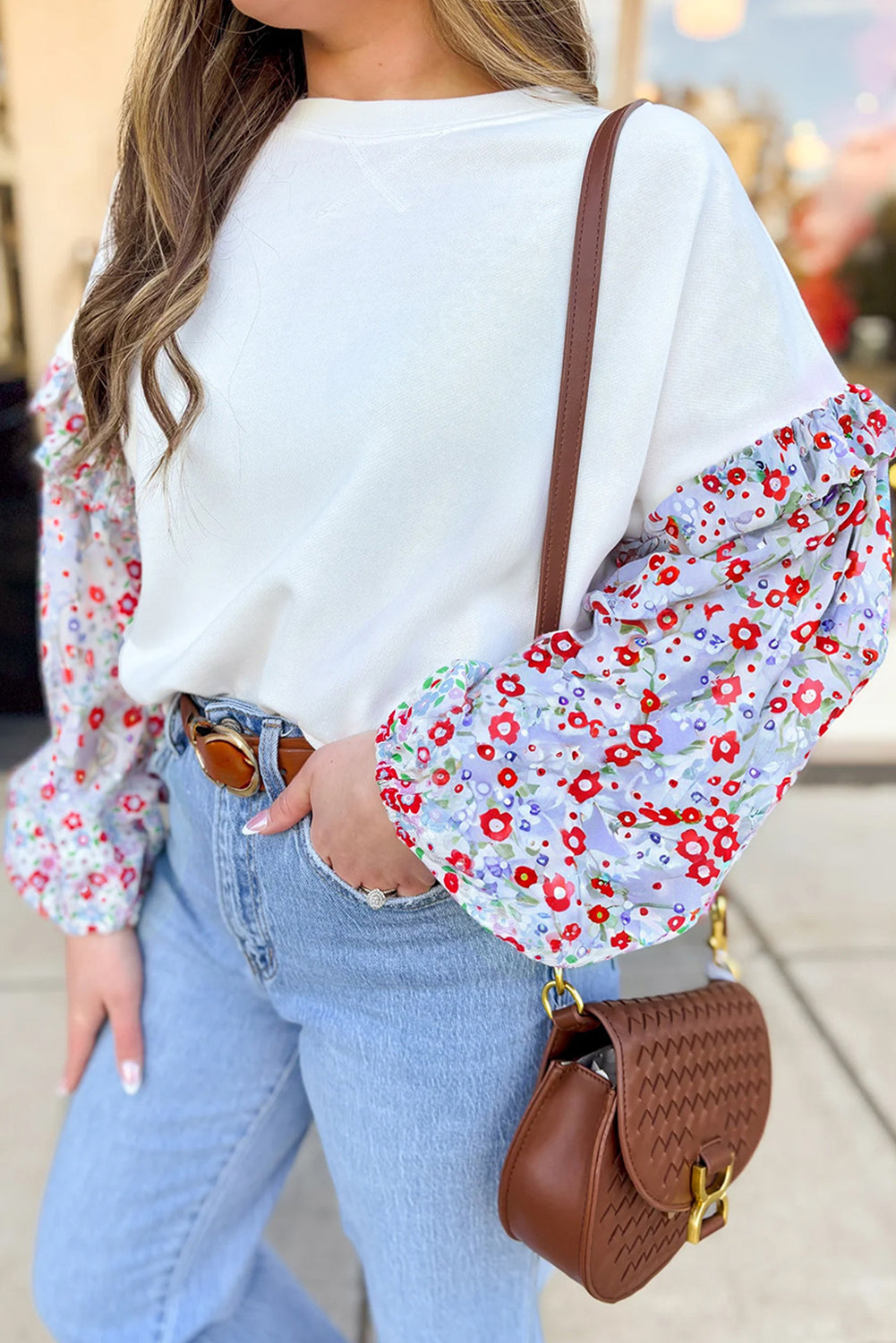 White Floral Ruffle Balloon Sleeve Patchwork Loose Blouse