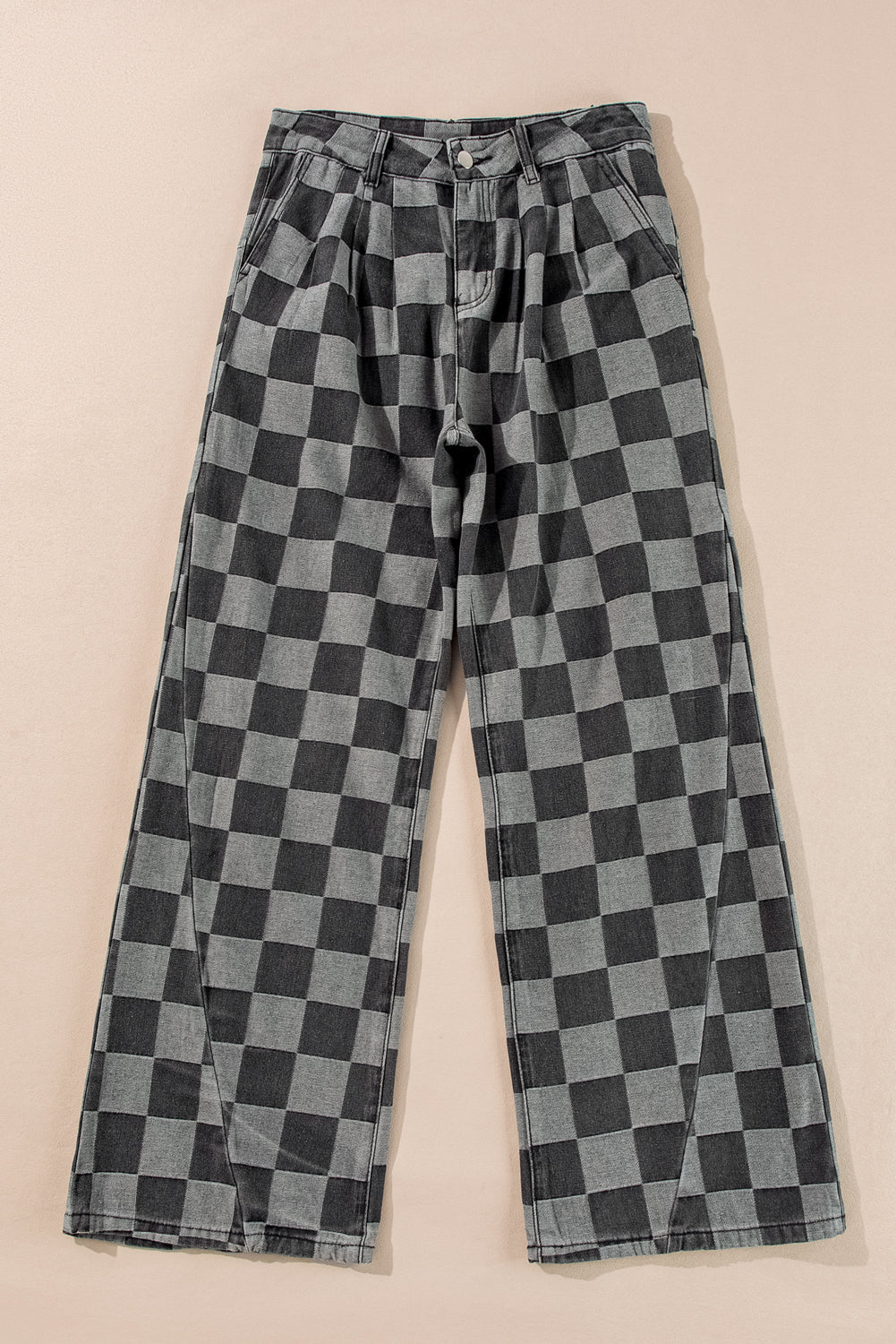 Dark Grey Checkered Light Washed Wide Leg Jeans