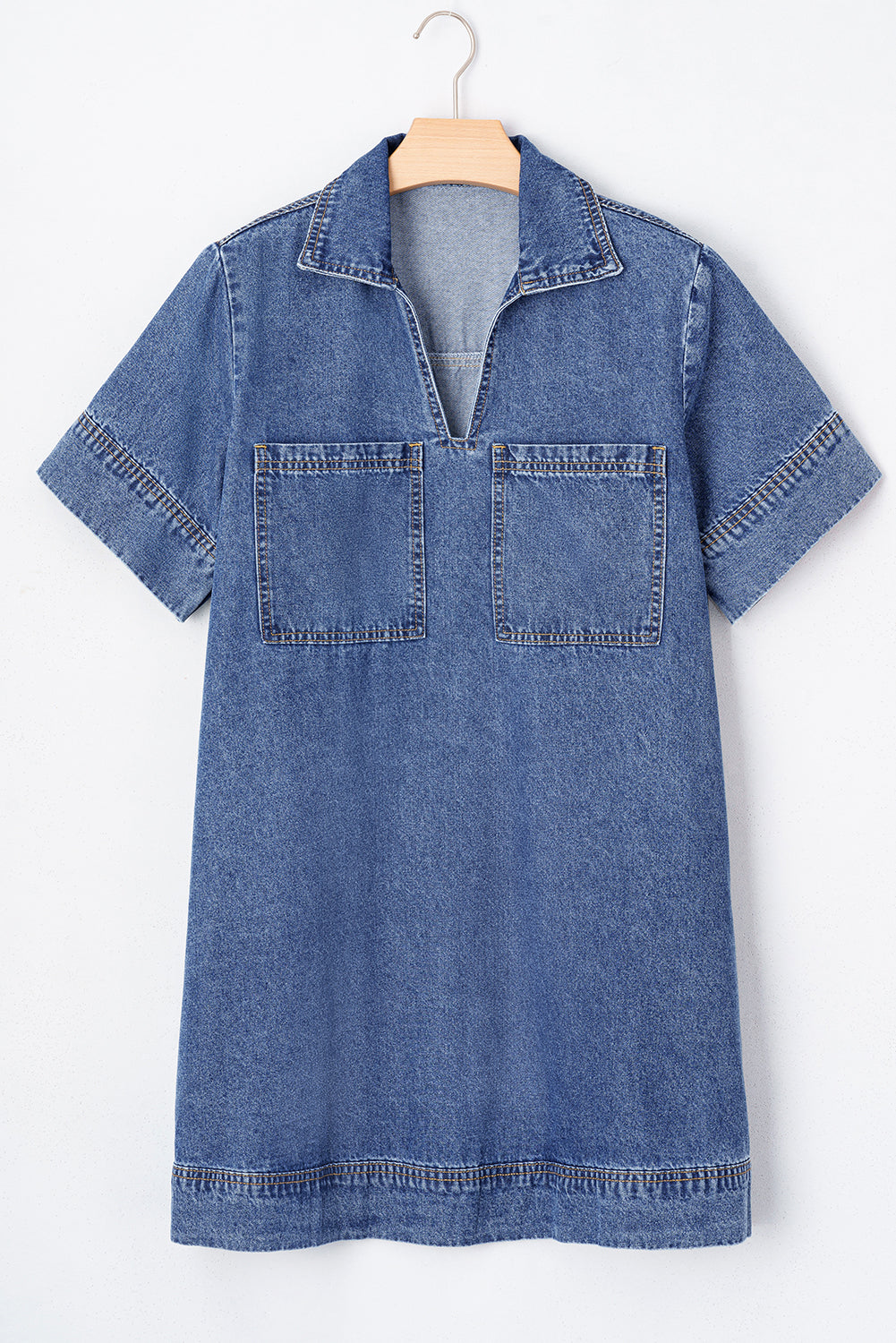 Blue Short Sleeve Collared Chest Pocket Denim Mini Dress