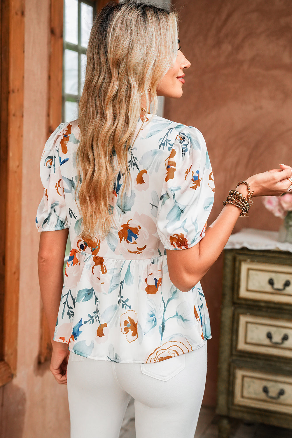 Green Floral Print Puff Sleeve V Neck Babydoll Blouse