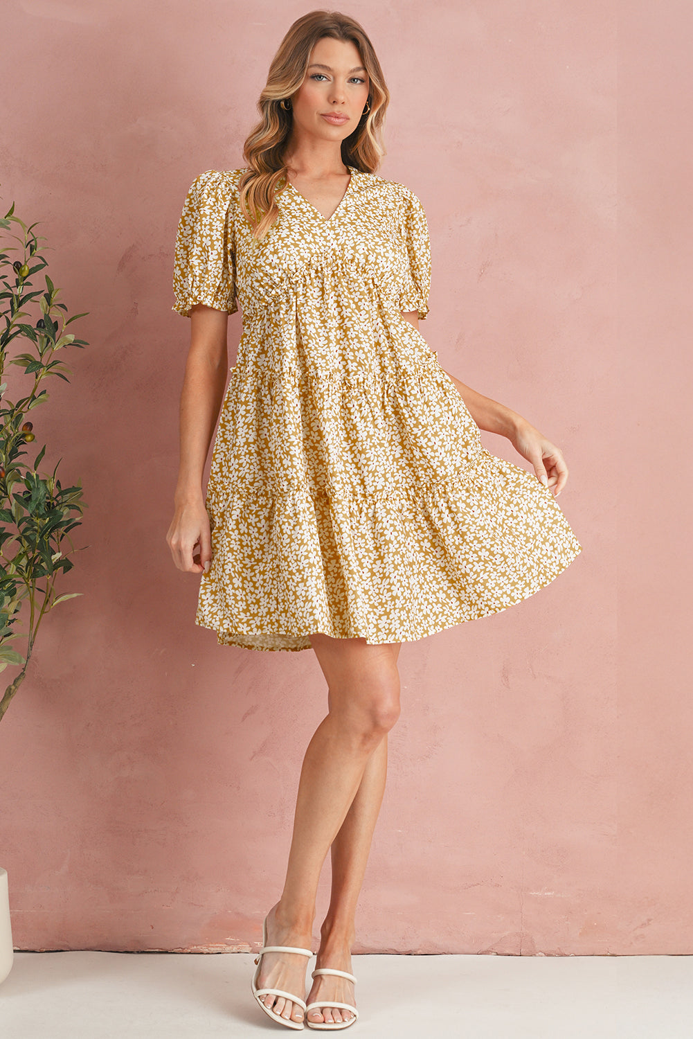 Yellow Floral Short Sleeve V Neck Frill Tiered Mini Dress